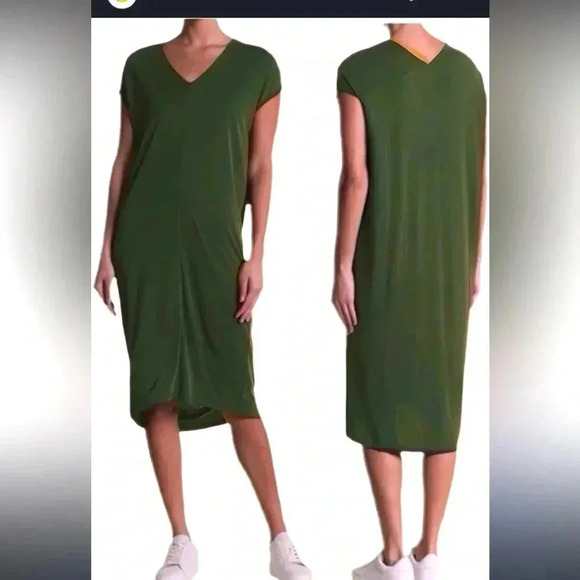 Double Zero V Neck Dress Olive Green high low dolman short sleeves size medium - Picture 1 of 7